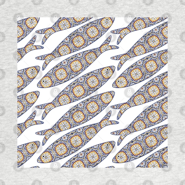 Traditional portuguese sardine and tiles background. Seamless pattern with ornamental fish. Fish pattern in abstract style with colorful tiles. by AnaMOMarques